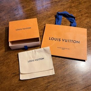 Small Louis Vuitton box, dust cover, and gift bag